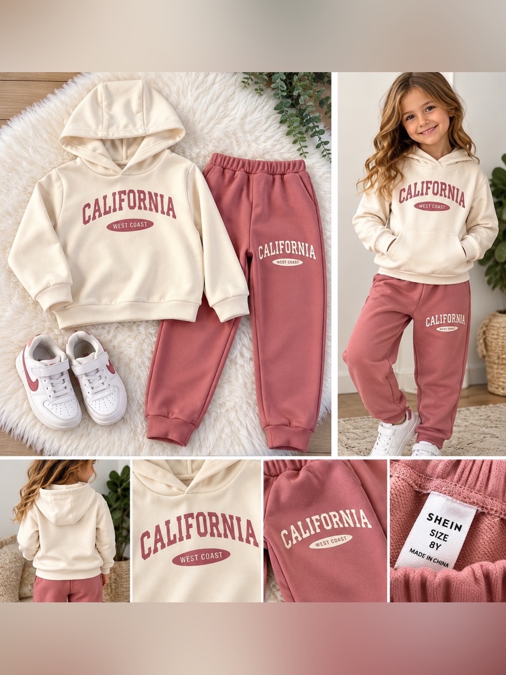 Girls California West Coast Hoodie & Jogger Sweat Pants / SWEAT Pink/Cream Set 8